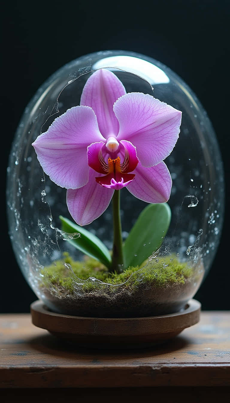 Flower 壁紙 — 一朵精緻的粉紅色蘭花在透明玻璃罩內盛開，玻璃罩放置在木製底座上，背景為深色。