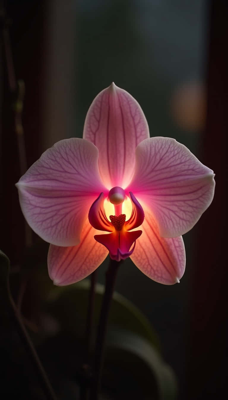 Flower 壁紙 — 一朵精緻的粉紅色蘭花在黑暗模糊的背景中散發著溫暖的內在光芒。