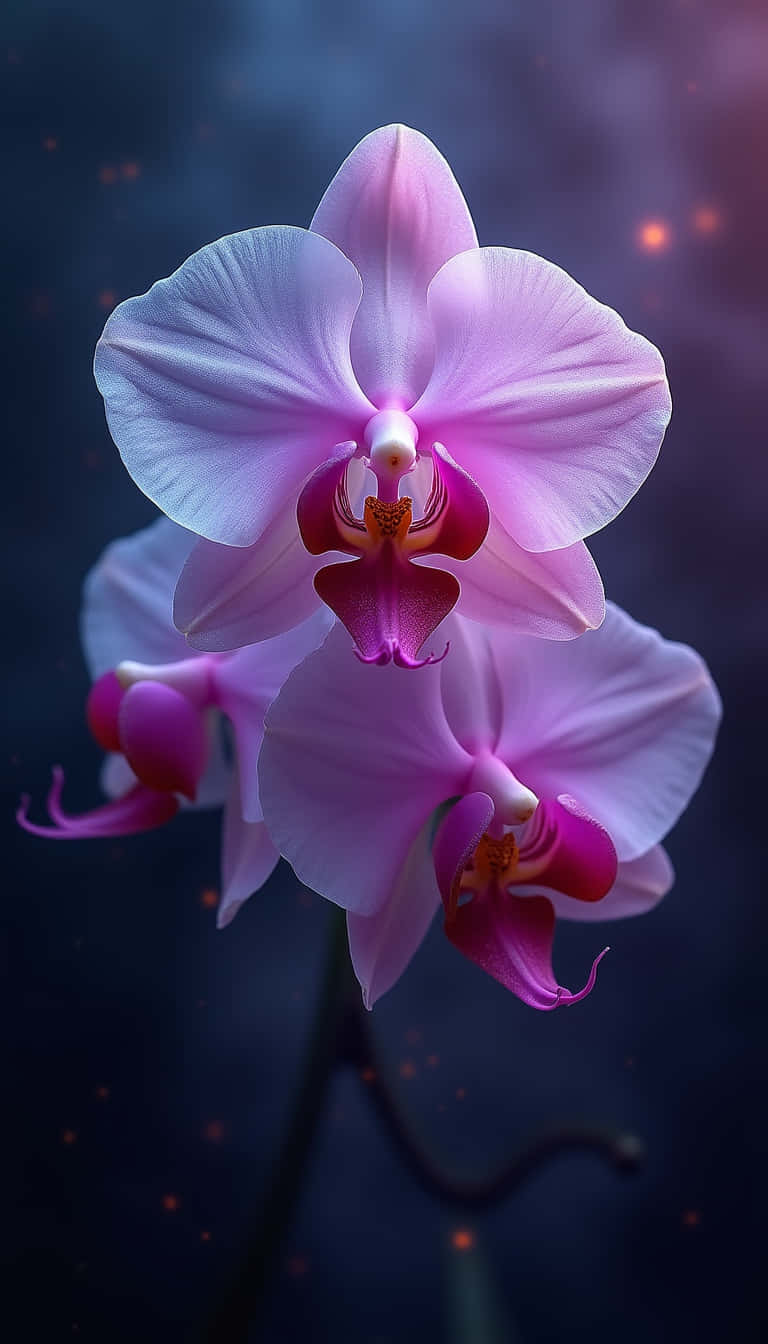 花卉 桌布 壁紙 — 一朵精緻的粉紅色蘭花在黑暗神秘的背景下綻放，帶有發光粒子。