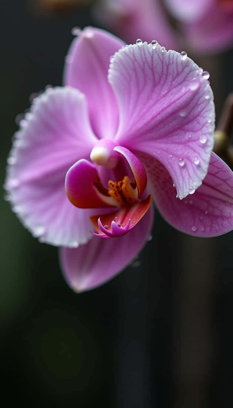 Flower 壁紙 — 一朵精緻的粉紅色蘭花特寫，花瓣上閃爍著露珠，背景是深色模糊的。