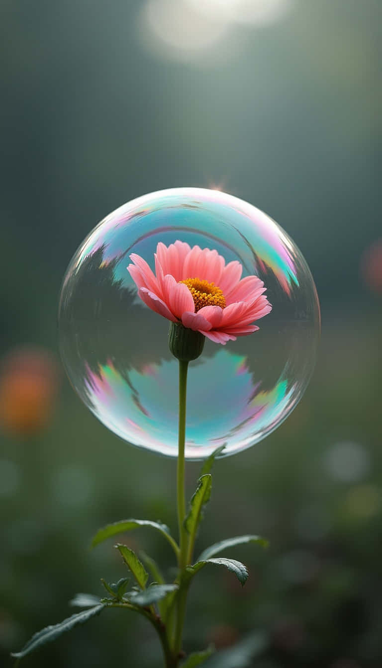 Flower 壁紙 — 一朵精緻的粉紅色雛菊，帶有黃色花心，被包裹在閃閃發光的彩虹色肥皂泡中，背景是柔和模糊的綠色。