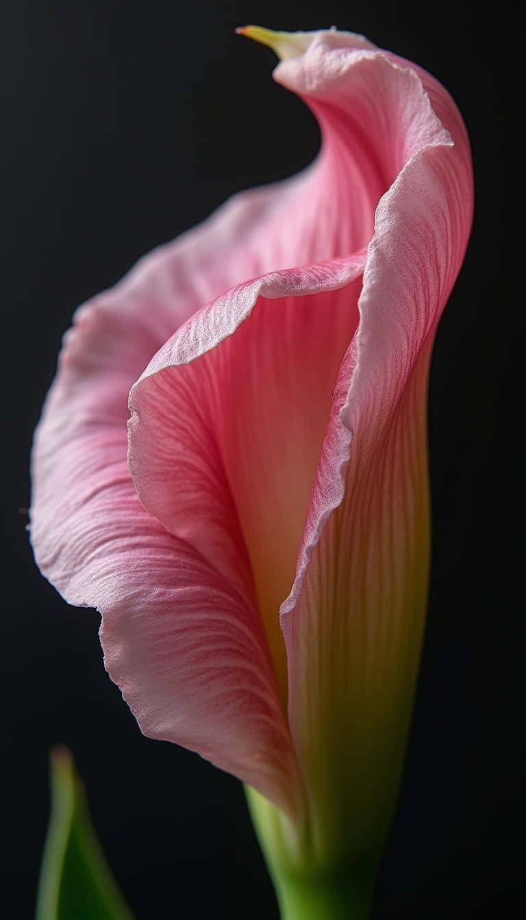 Flower 壁紙 — 一朵精緻的粉紅色馬蹄蓮，帶有皺褶花瓣和綠色莖，在純黑色背景下脫穎而出。