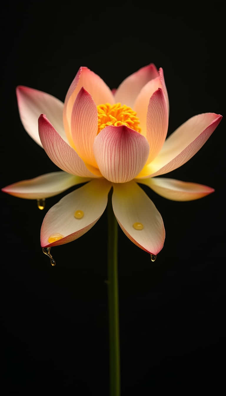 花卉 桌布 壁紙 — 一朵精緻的粉紅蓮花，帶有露珠，在純黑背景下閃耀。