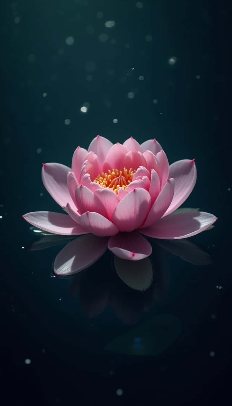 Flower 壁紙 — 一朵精緻的粉紅蓮花在暗色水面上綻放，柔和的光粒子漂浮在其倒影之上。