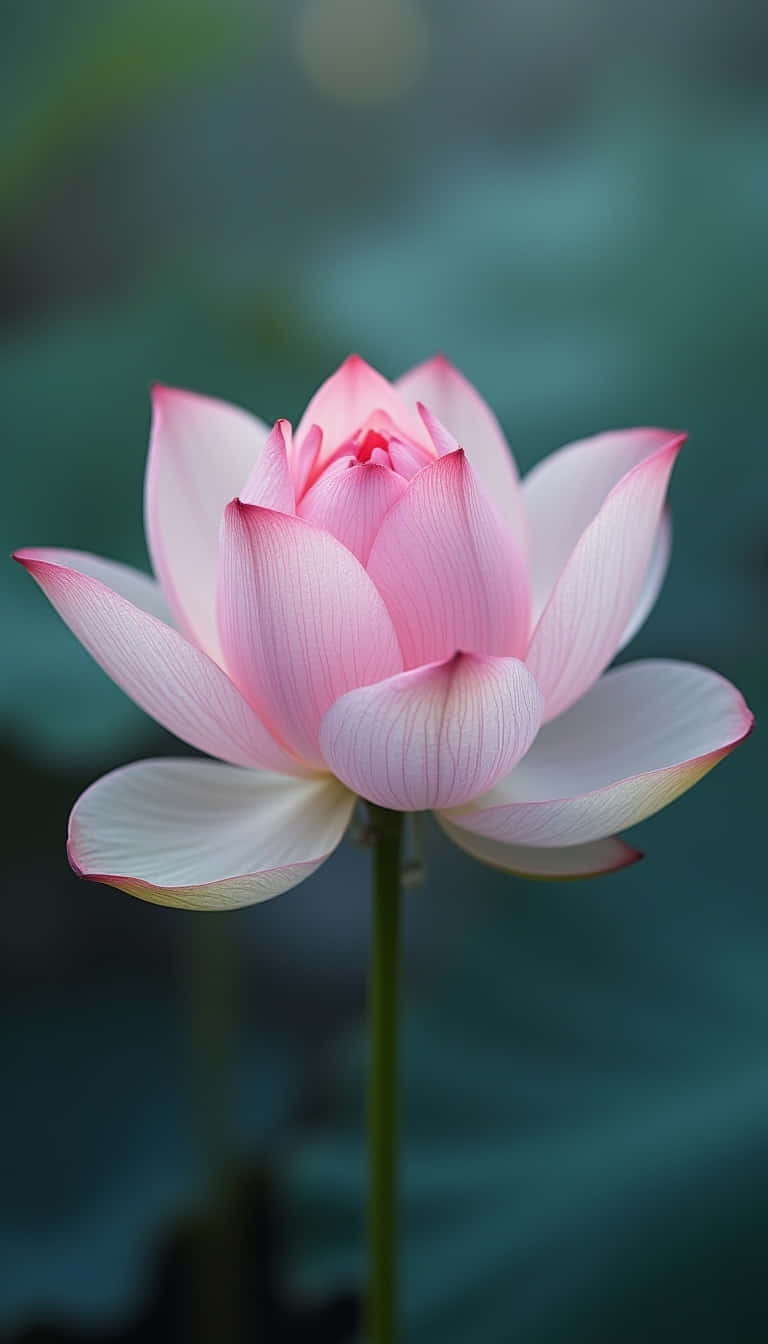 Flower 壁紙 — 一朵精緻的粉紅蓮花在柔和模糊的綠色背景下優雅綻放。