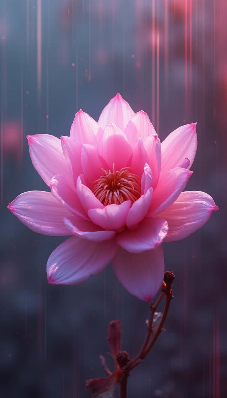 Flower 壁紙 — 一朵精緻的粉紅蓮花在柔和模糊的背景中優雅綻放，背景帶有垂直光線條紋和細微的雨滴。