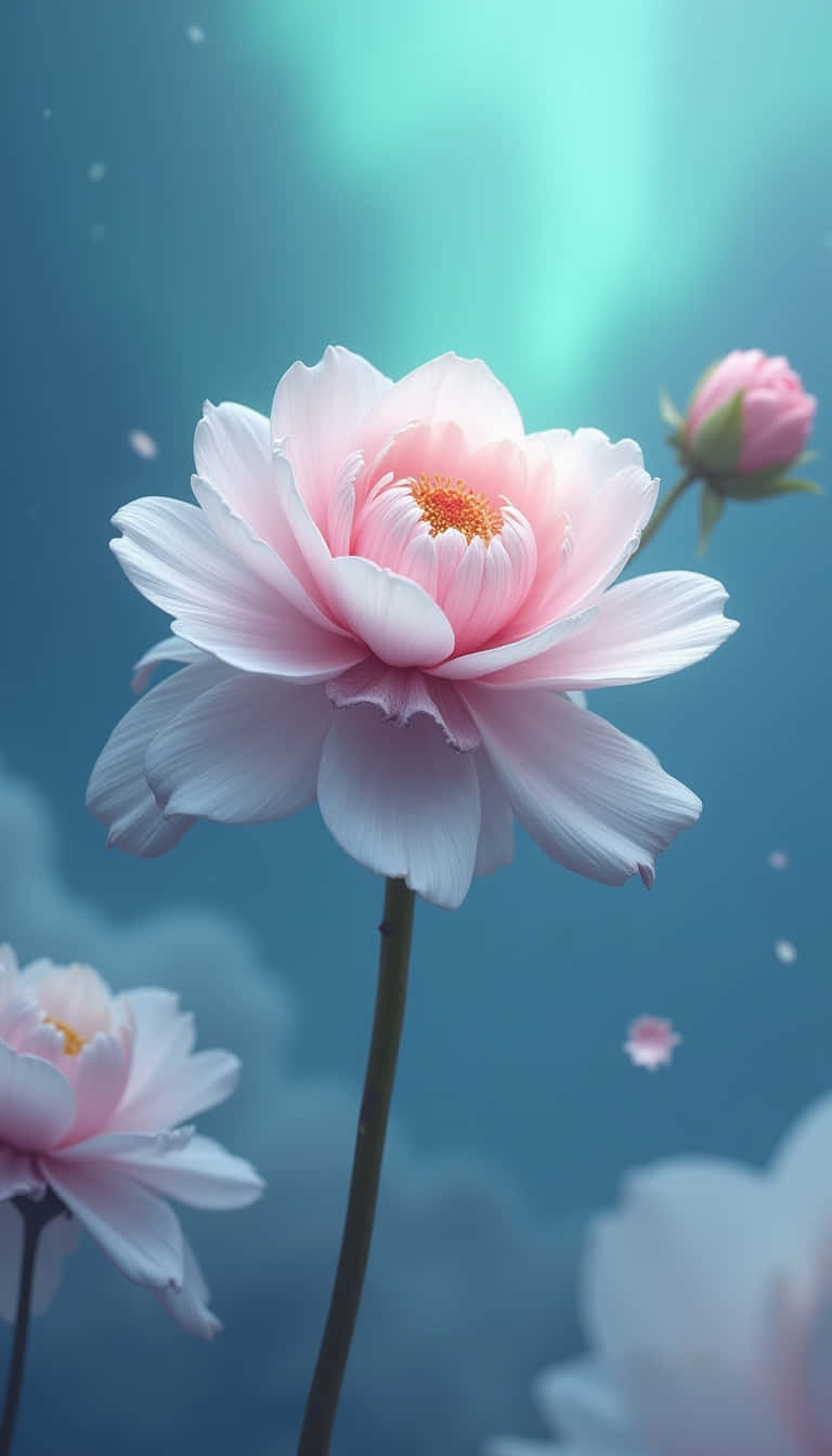花卉 桌布 壁紙 — 一朵精緻的粉紅蓮花在柔和的青綠色背景上優雅綻放，周圍有漂浮的花瓣和一個含苞待放的花朵。