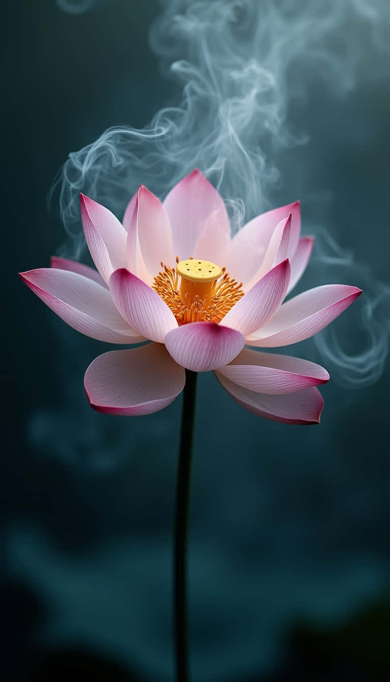 Flower 壁紙 — 一朵精緻的粉紅蓮花在深藍綠色背景上綻放，白色煙霧縈繞花瓣。