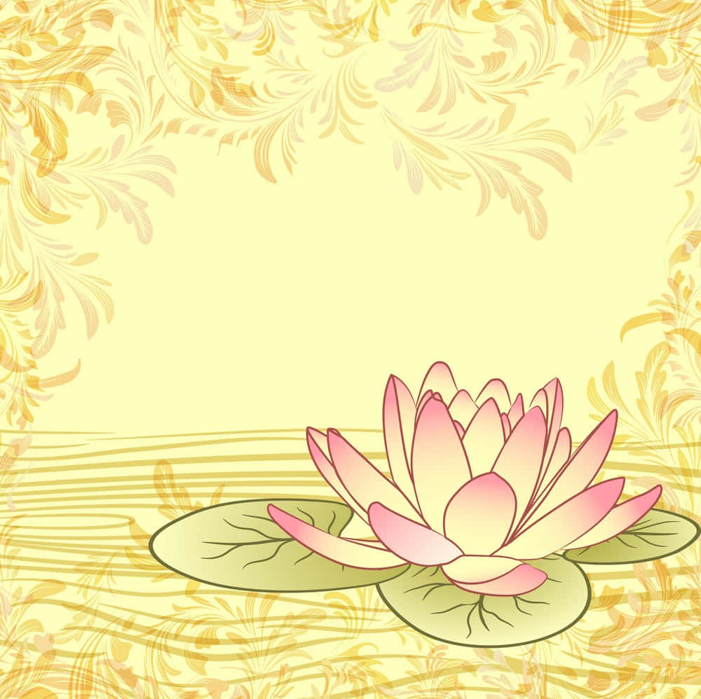 lotus 桌布 壁紙 — 一朵精緻的粉紅蓮花在綠色荷葉上盛開，襯以柔和黃色背景，並以華麗的金色葉片框住。