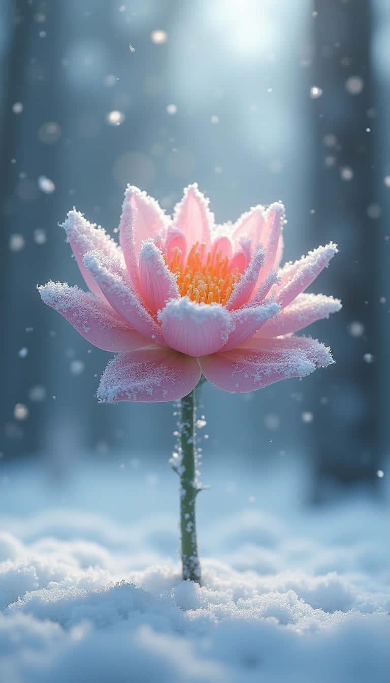 Flower 壁紙 — 一朵精緻的粉紅蓮花在雪中綻放，花瓣上結著霜，背景是柔和的藍色。