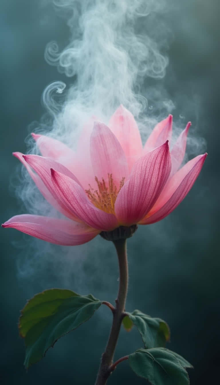 Flower 壁紙 — 一朵精緻的粉紅蓮花盛開，縷縷白色煙霧在花瓣周圍繚繞，背景為深藍綠色。