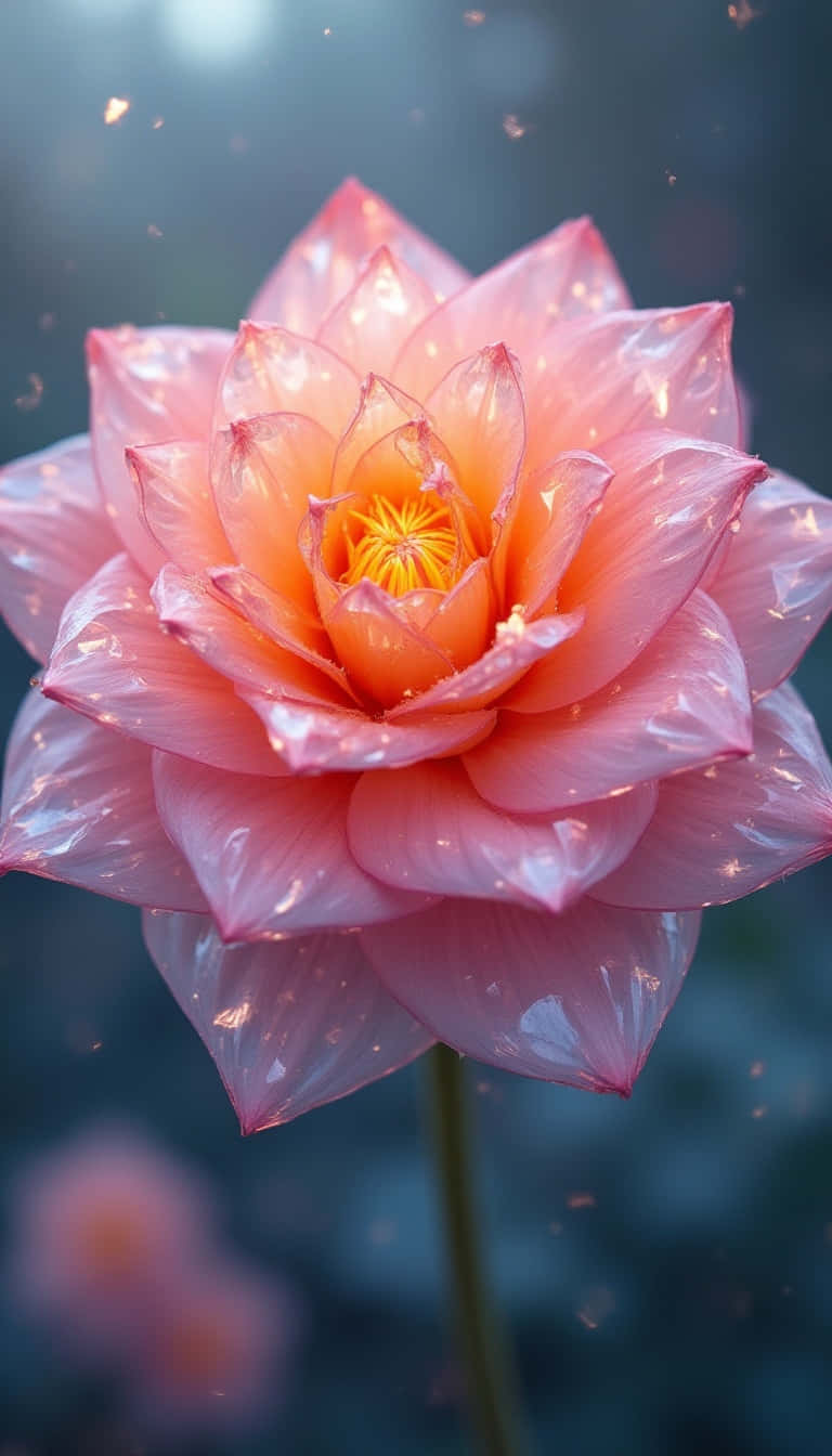 Flower 壁紙 — 一朵精緻的粉紅蓮花盛開，露珠在柔和光線下閃爍，背景是模糊的藍色。