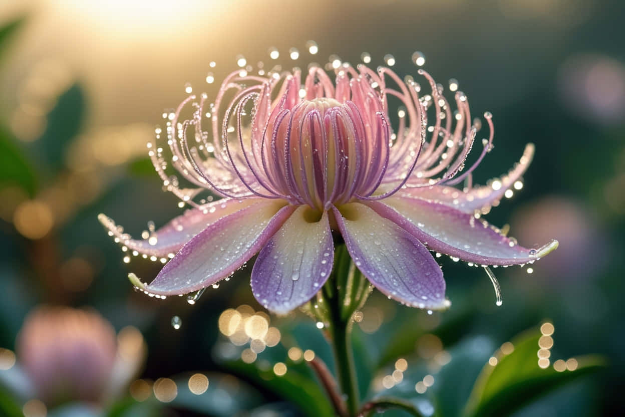 A beautiful flower 壁紙 — 一朵精緻的粉紫色花朵在柔和的金色散景背景上閃爍著露珠。