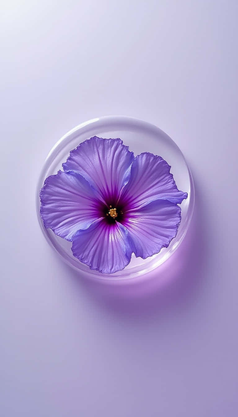 Flower 壁紙 — 一朵精緻的紫色木槿花漂浮在透明玻璃球內，背景是柔和的薰衣草色。