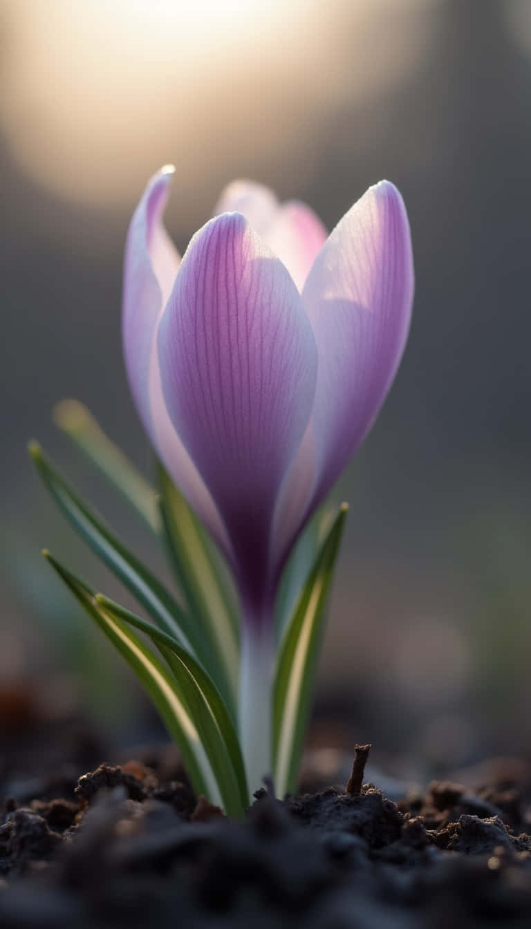 Flower 壁紙 — 一朵精緻的紫色番紅花從深色土壤中綻放，柔和陽光從背後照亮其花瓣。
