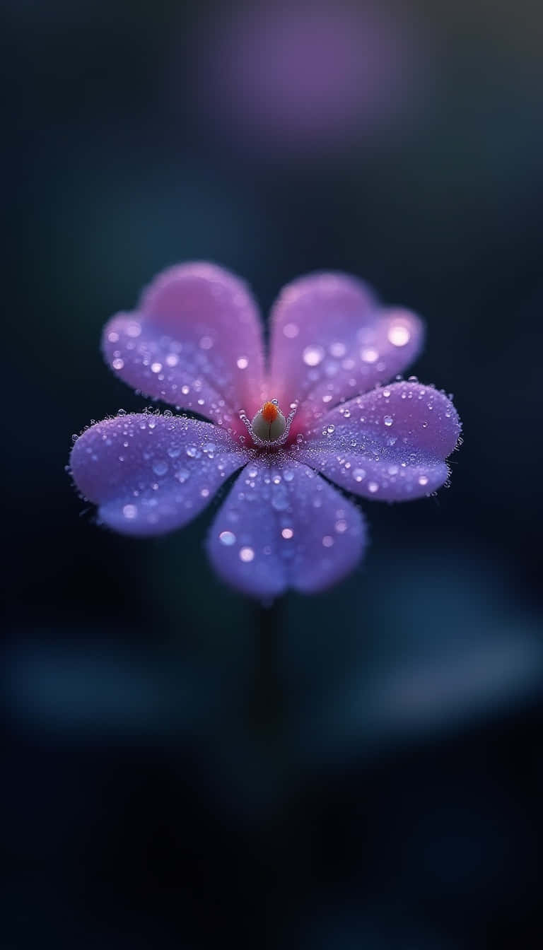 Flower 壁紙 — 一朵精緻的紫色花朵，帶有露珠，在黑暗模糊的背景中閃爍。