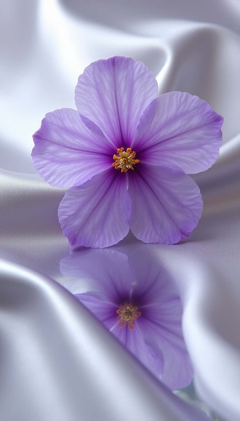 Flower 壁紙 — 一朵精緻的紫色花朵，帶有黃色花蕊，靜置在絲滑的白色表面上，下方映出光亮的倒影。