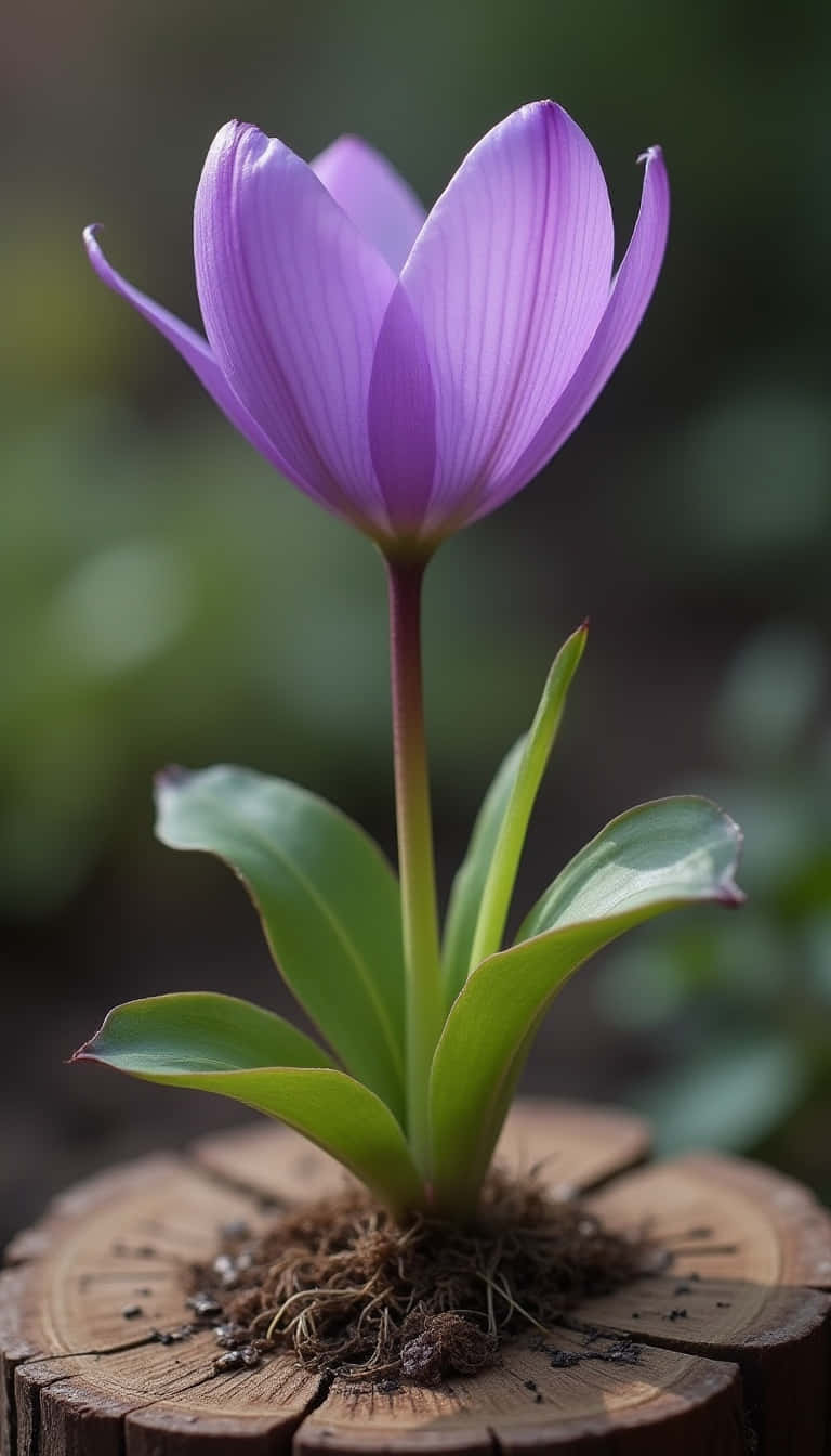 Flower 壁紙 — 一朵精緻的紫色花朵盛開在一個風化的木樁上，露出根部及綠葉。