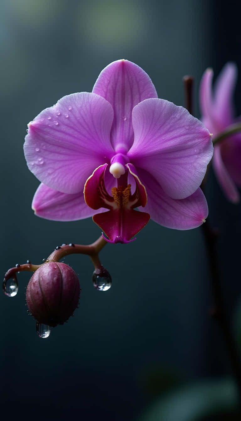 Flower 壁紙 — 一朵精緻的紫色蘭花，帶有露珠，在黑暗模糊的背景中閃閃發光。
