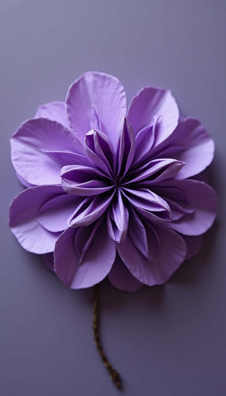 Flower 壁紙 — 一朵精緻的薰衣草紙花，帶有層疊花瓣和紋理莖幹，靜置在柔和的灰色背景上。