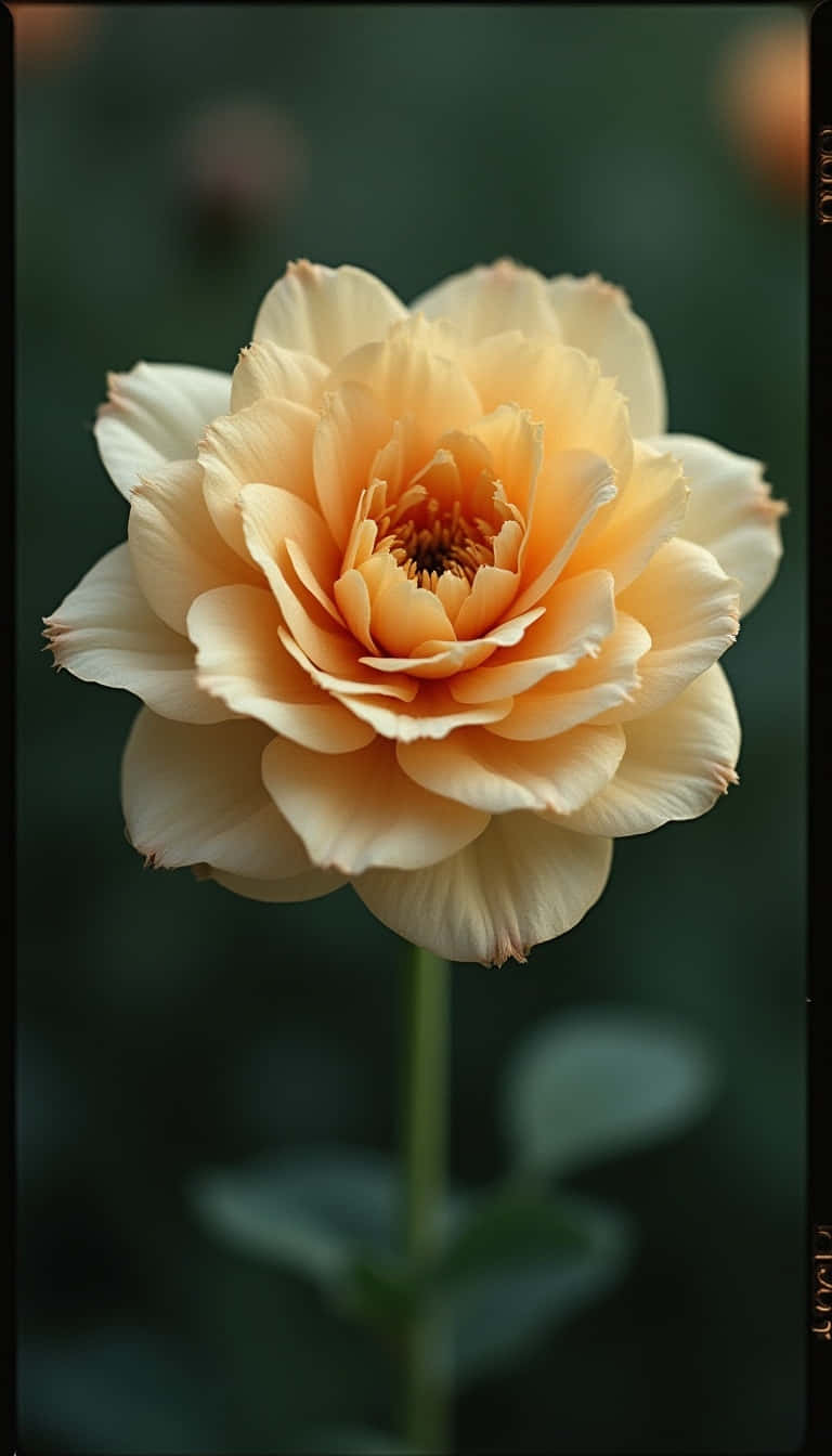 Flower 壁紙 — 一朵精緻的蜜桃玫瑰，層層花瓣在模糊的深綠色花園背景下柔和綻放。