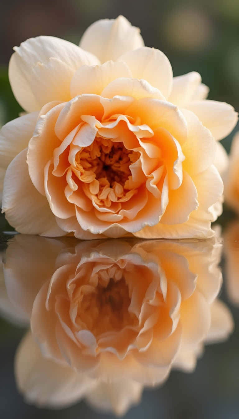 Flower 壁紙 — 一朵精緻的蜜桃玫瑰，花瓣層層疊疊，靜置於反光表面上，映照出其柔和的漸變色調。
