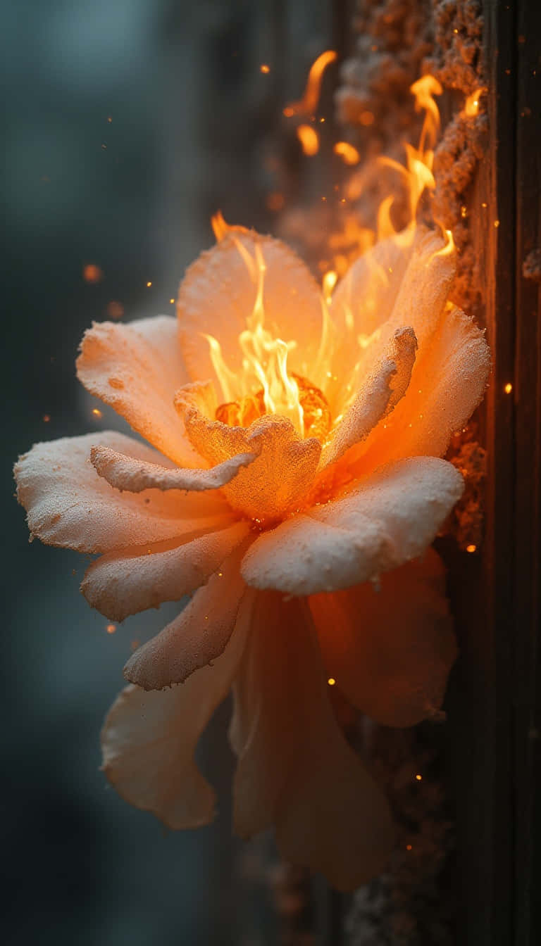Flower 壁紙 — 一朵精緻的蜜桃玫瑰盛開，內裡火焰在深色紋理牆壁上投射出溫暖的光芒。
