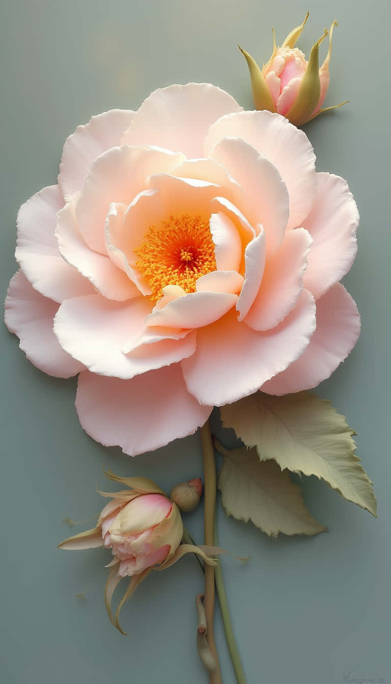 花卉 桌布 壁紙 — 一朵精緻的蜜桃玫瑰盛開，帶有金色雄蕊和兩個花蕾，背景為柔和的青綠色。