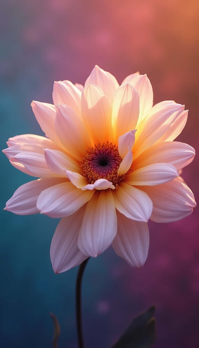 Flower 壁紙 — 一朵精緻的蜜桃色大麗花在藍綠色和玫瑰金色的夢幻散景漸變中柔和綻放。