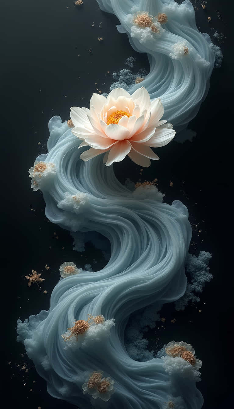 花卉 桌布 壁紙 — 一朵精緻的蜜桃蓮花在旋轉的空靈藍白雲朵上盛開，背景是黑暗的虛空。