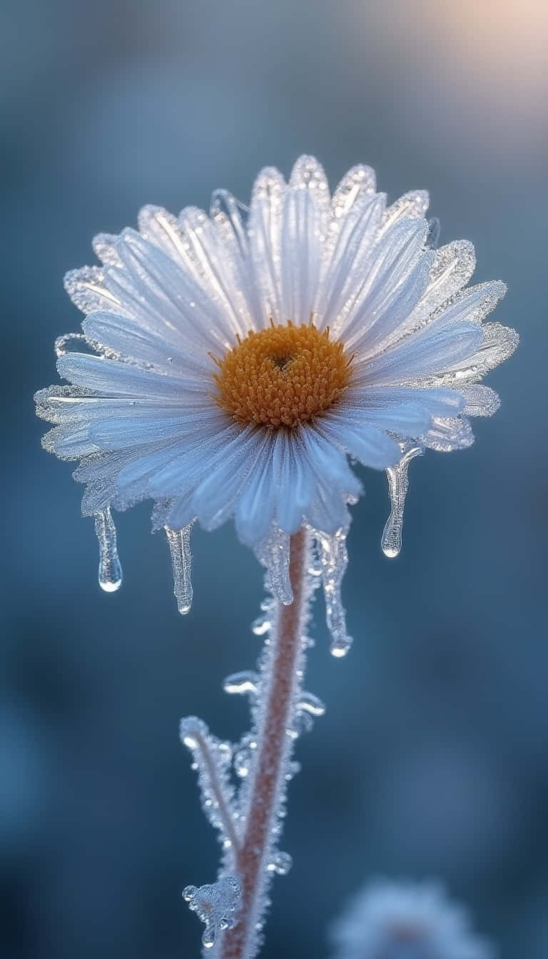 Flower 壁紙 — 一朵精緻的雛菊，帶有冰冷的花瓣和滴落的冰柱，在柔和的藍色背景下凍結。
