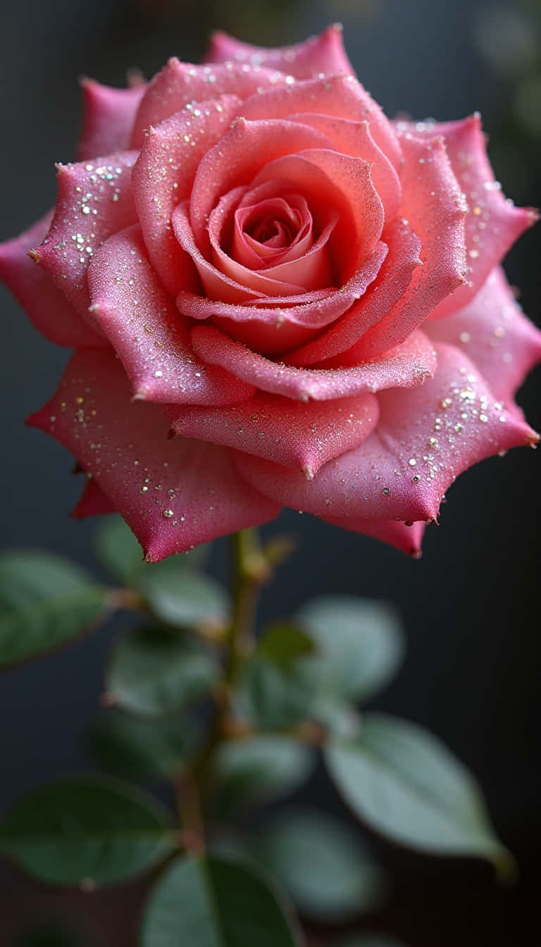 Flower 壁紙 — 一朵精緻粉紅玫瑰的特寫，露珠在其層層花瓣上閃爍，背景為深色模糊。