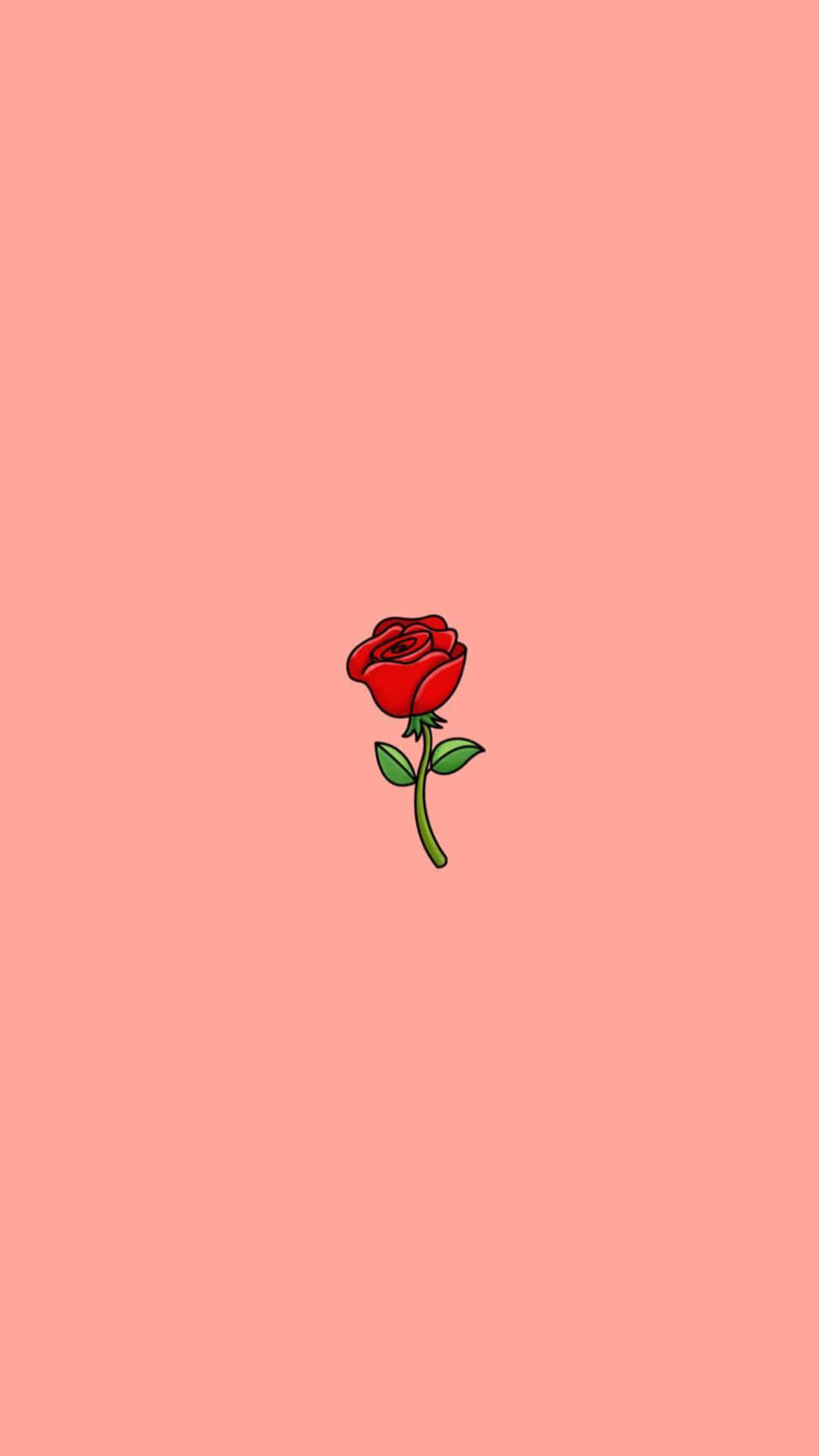 Aesthetic Rose 桌布 壁紙 — 一朵紅玫瑰，帶有綠色莖和葉子，居中在柔和的蜜桃色背景上。