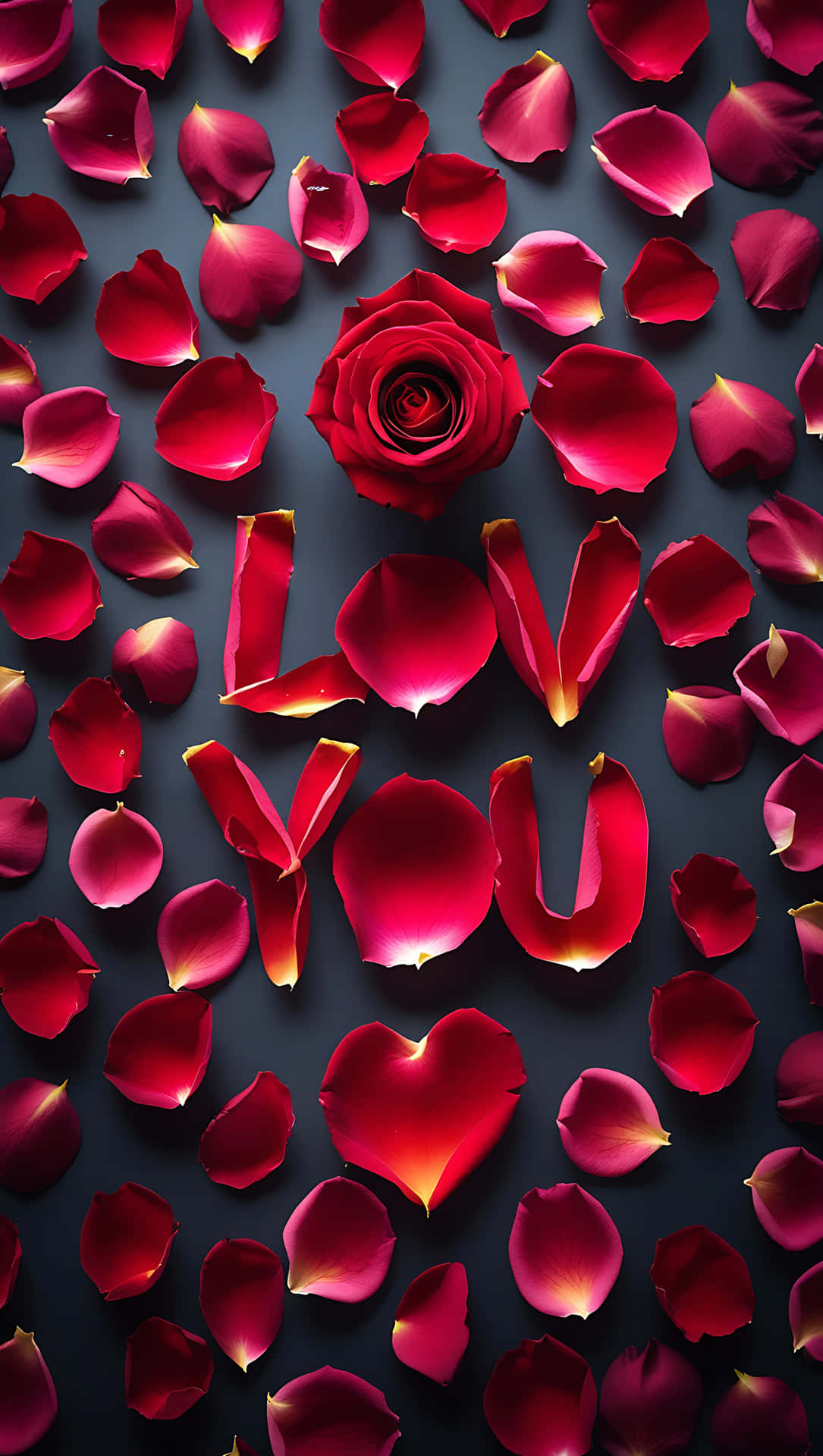 Love You in Rose Petals – Romantic Message Wallpaper 壁紙 — 一朵紅玫瑰和散落的花瓣在深色背景上拼出love you字樣。