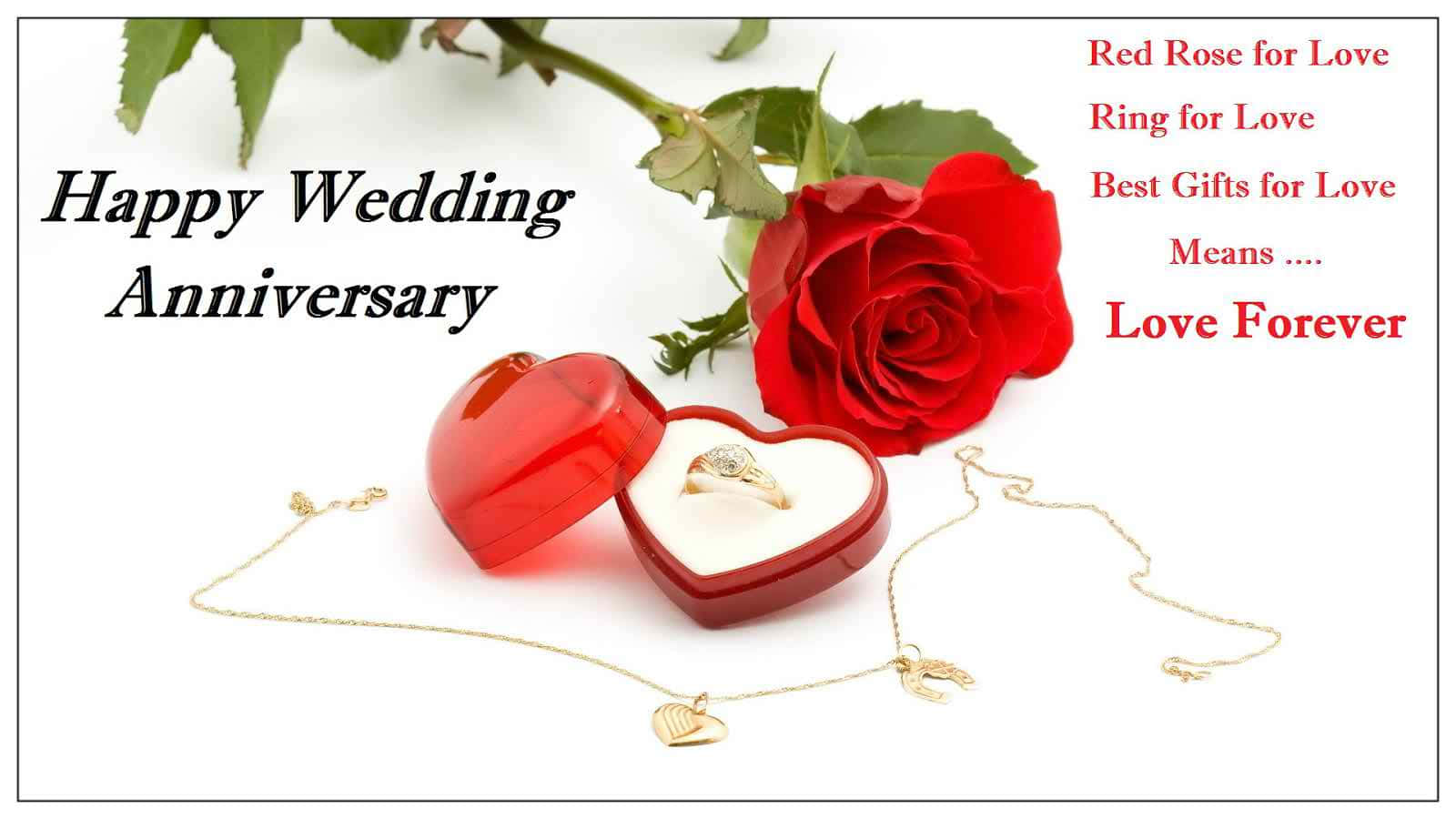 Anniversary 桌布 壁紙 — 一朵紅玫瑰和金色珠寶，包括心形戒指盒和項鍊，放在白色背景上，並有結婚週年紀念文字。