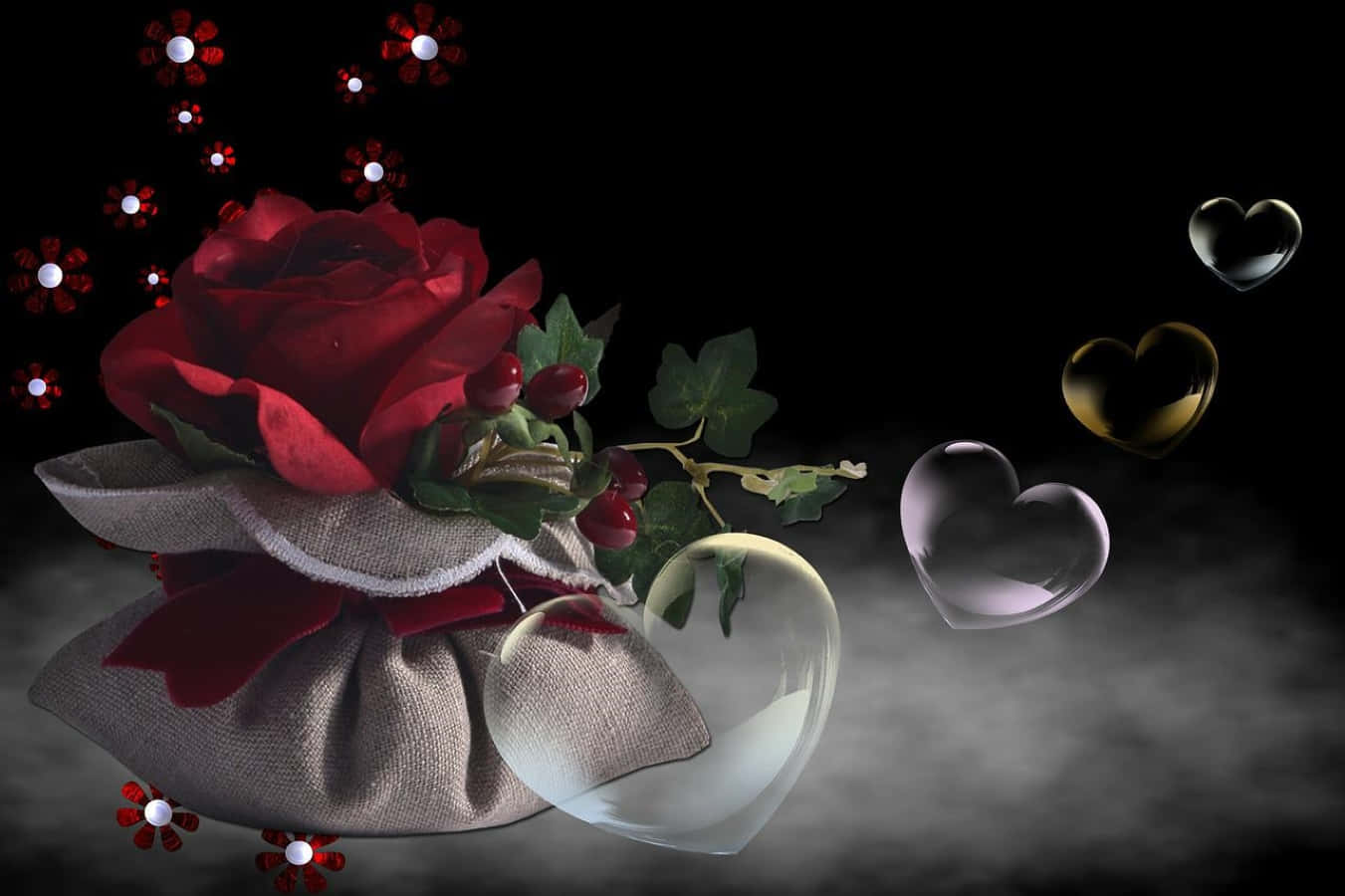 Rose Heart 桌布 壁紙 — 一朵紅玫瑰放在麻布袋中，漂浮在黑暗煙霧背景中，旁邊有發光的愛心泡泡。