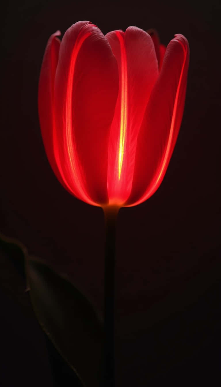Flower 壁紙 — 一朵紅色的鬱金香在黑暗的背景中散發著內在的光芒，花瓣半透明且閃耀。