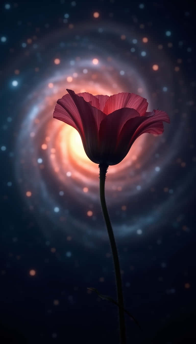 Flower 壁紙 — 一朵紅色罌粟花在旋轉的銀河背景下綻放，伴隨著發光的橙色和藍色星星。