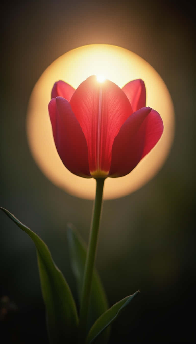 Flower 壁紙 — 一朵紅色鬱金香在發光的太陽逆光下，在黑暗背景中形成燦爛的剪影。