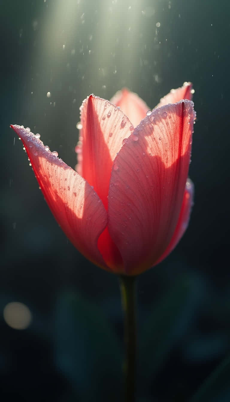 Flower 壁紙 — 一朵紅色鬱金香在露珠中閃閃發光，陽光從其後照射，背景為深色模糊。