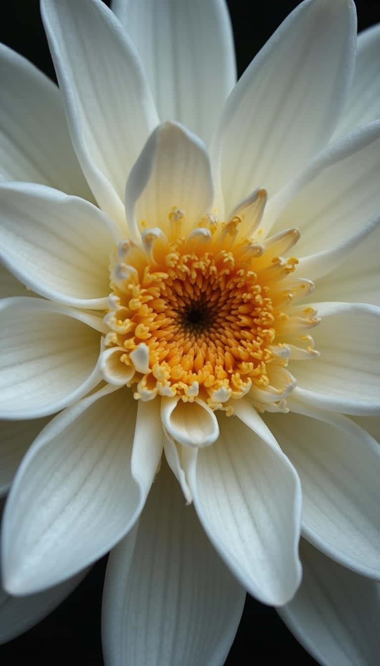 Flower 壁紙 — 一朵純淨白睡蓮的特寫，帶有鮮豔的黃色花心，襯托在深色背景上。