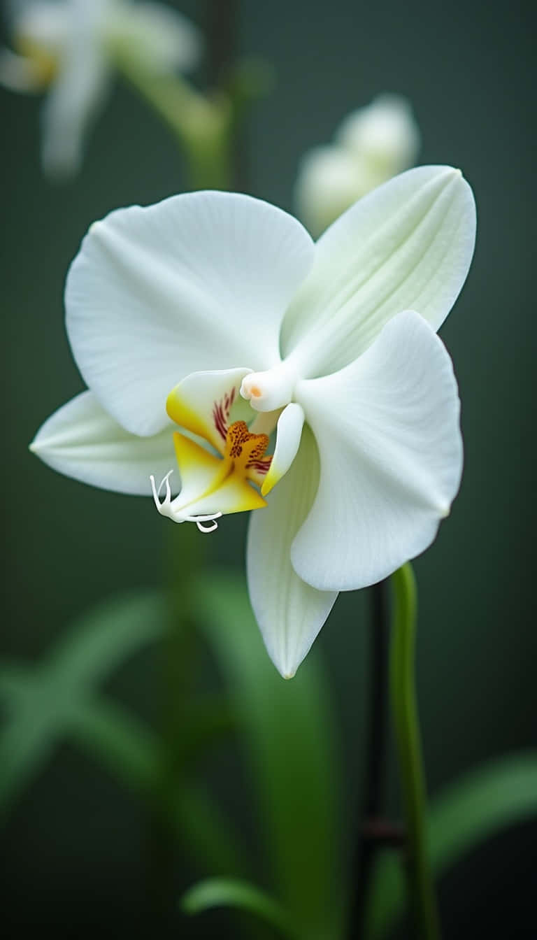 Flower 壁紙 — 一朵純淨的白色蘭花，帶有黃色和橙色的中心，在模糊的深綠色背景下柔和地綻放。