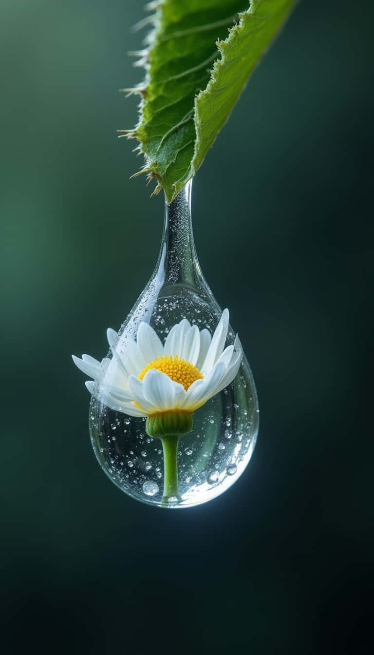 Flower 壁紙 — 一朵純淨的白色雛菊，黃色花心，完美封存在一顆閃爍的水珠中，水珠懸掛在鋸齒狀的綠葉上，背景是深綠色。