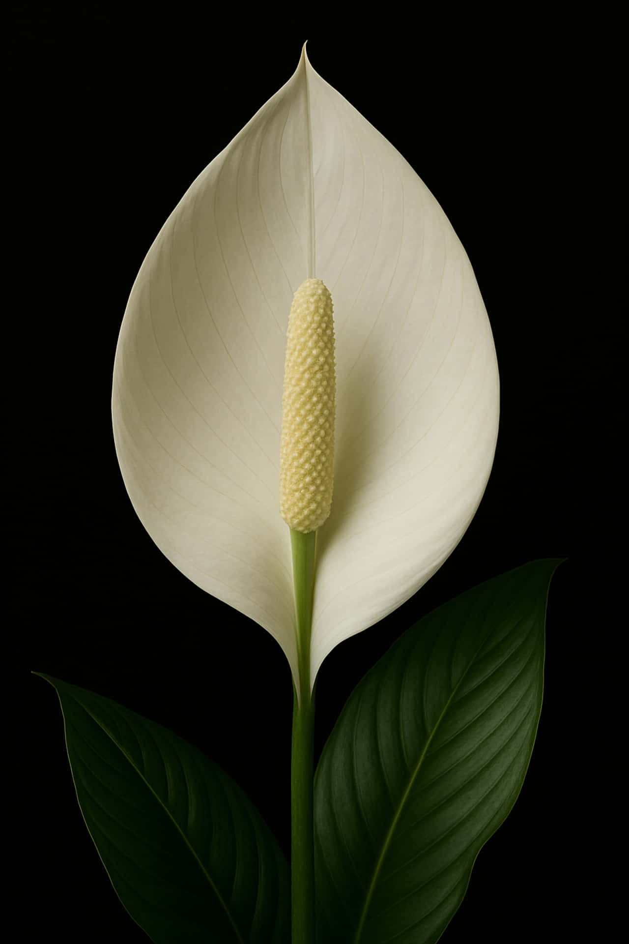 Peace lily black background 壁紙 — 一朵純淨的白鶴芋，帶有紋理的黃色肉穗花序，居中立在純黑背景上，襯以光澤的綠葉。