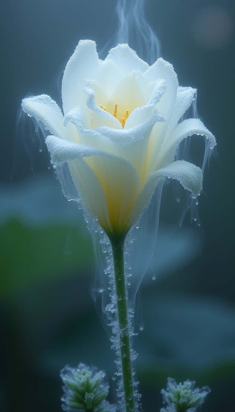 Flower 壁紙 — 一朵純潔的白百合，花瓣上帶有露珠和薄霧，在柔和的藍色背景襯托下升起。