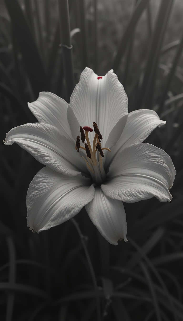 Flower 壁紙 — 一朵純潔的白百合，花瓣細膩，深色雄蕊，在柔和模糊的單色樹葉背景下盛開。