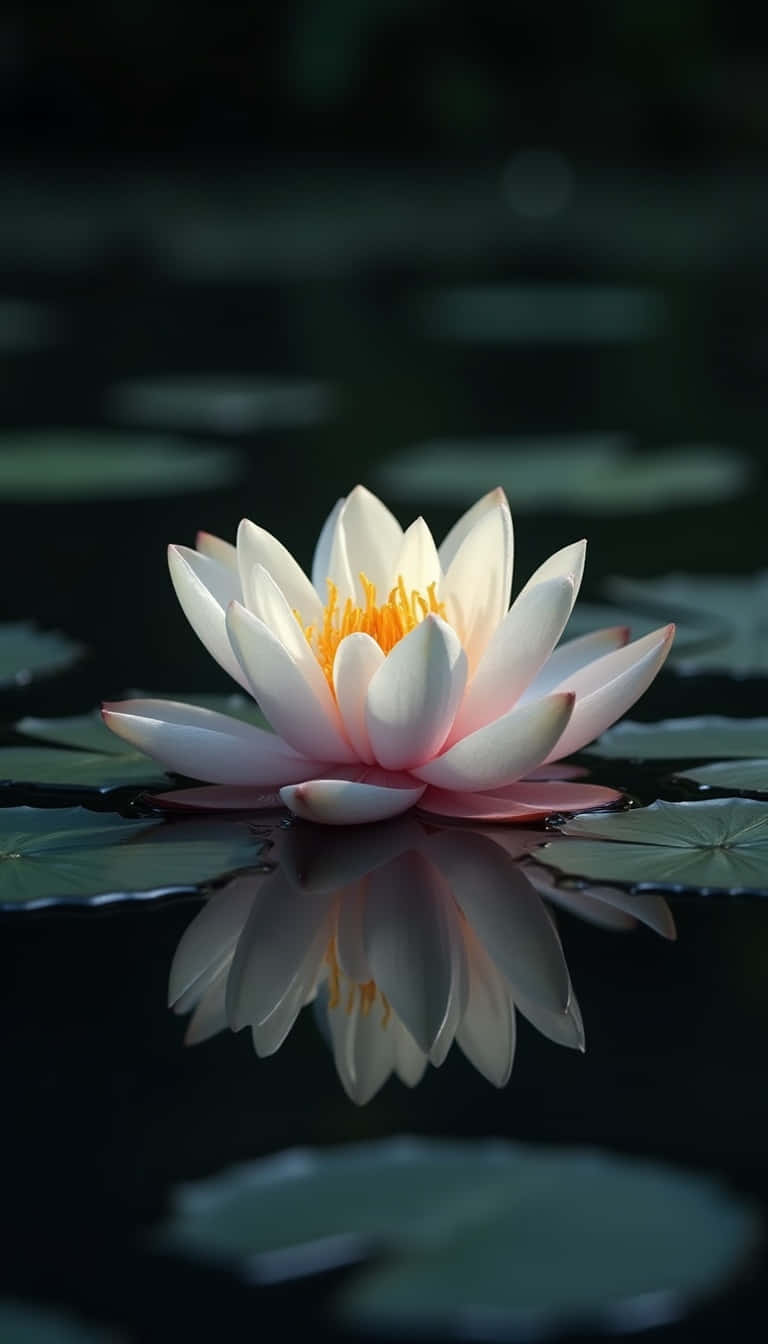 Flower 壁紙 — 一朵純潔的白睡蓮，金色花心，在深色水面上盛開，周圍環繞著綠色睡蓮葉，倒影完美。