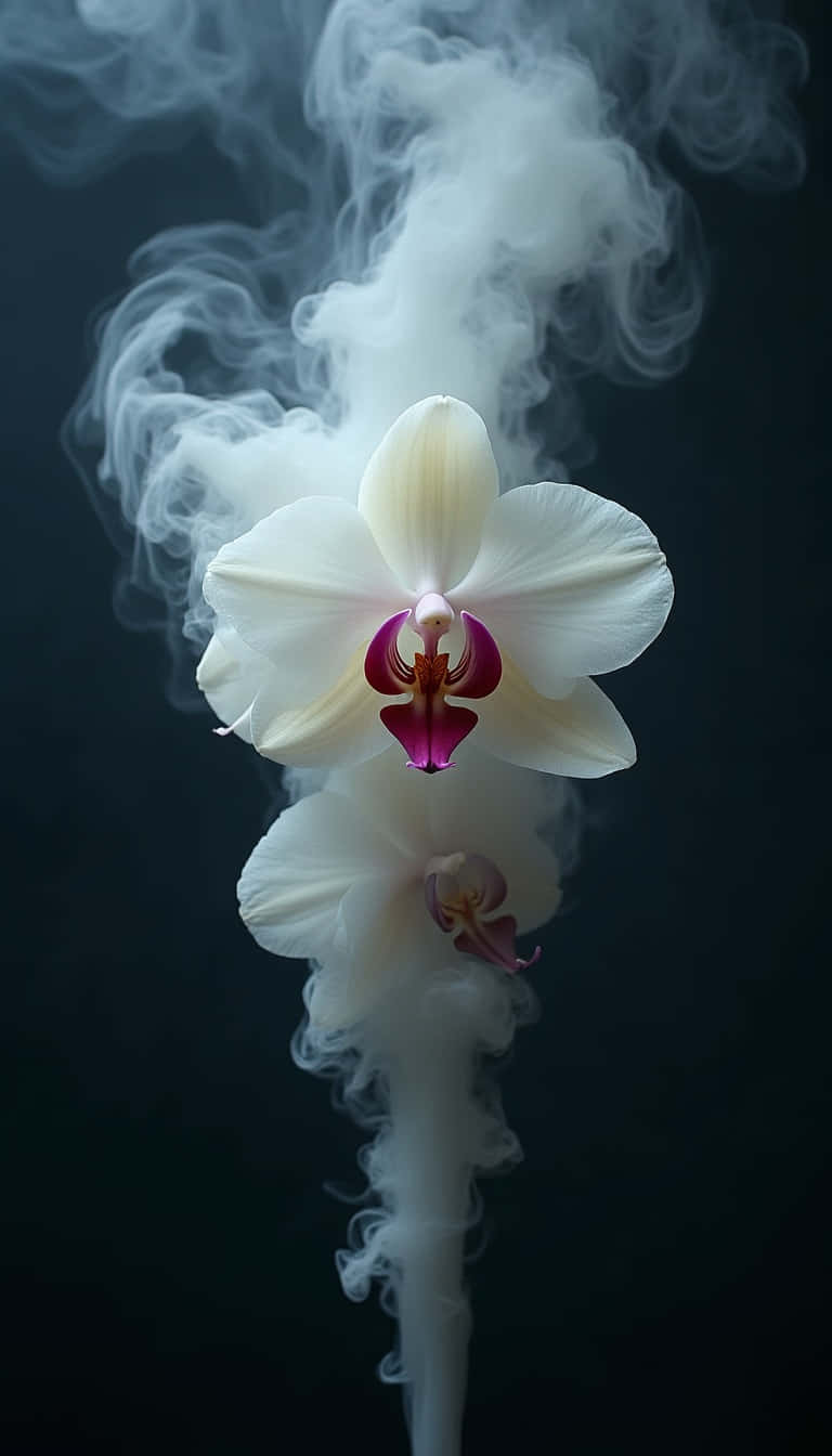 Flower 壁紙 — 一朵純潔的白色蘭花，帶有洋紅色中心，在深色背景下於旋轉的白煙中盛開。