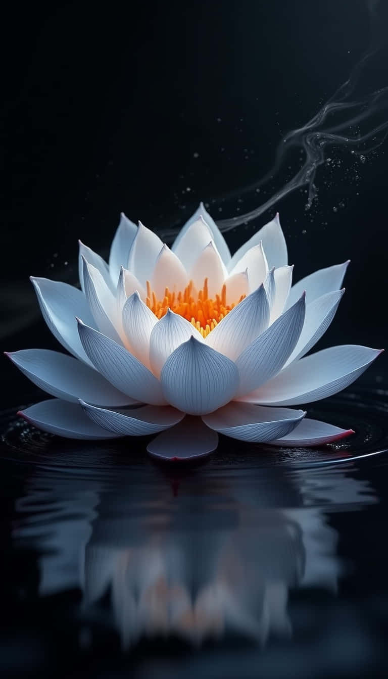 花卉 桌布 壁紙 — 一朵純潔的白蓮花，帶有發光的橙色中心，靜靜地漂浮在深色水上，上方有微妙的薄霧繚繞。