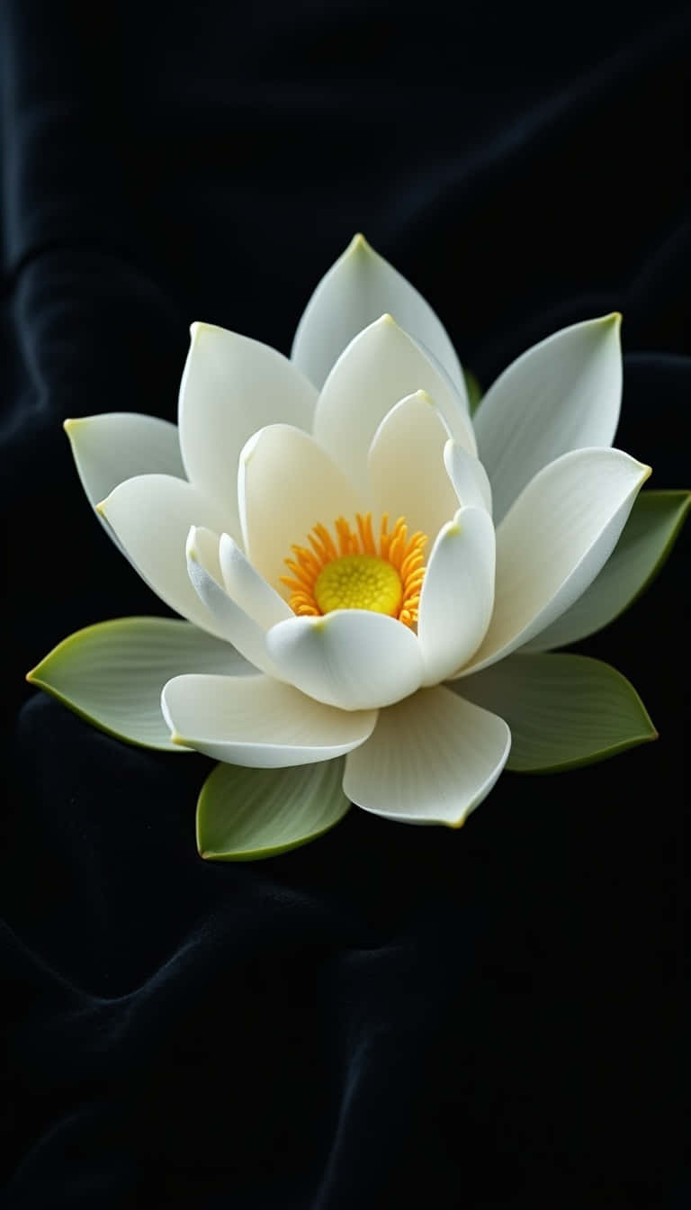 Flower 壁紙 — 一朵純潔的白蓮花，帶有鮮豔的黃色花蕊，在深黑色天鵝絨背景下盛開。
